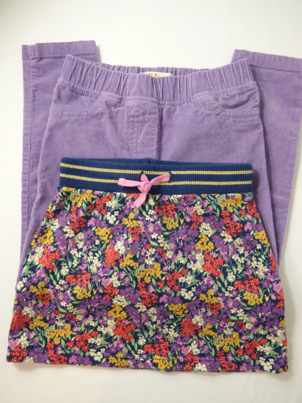 Mini Boden Purple Corduroy Pants & Ditsy Floral Skirt Set, Size 7-8 Years
